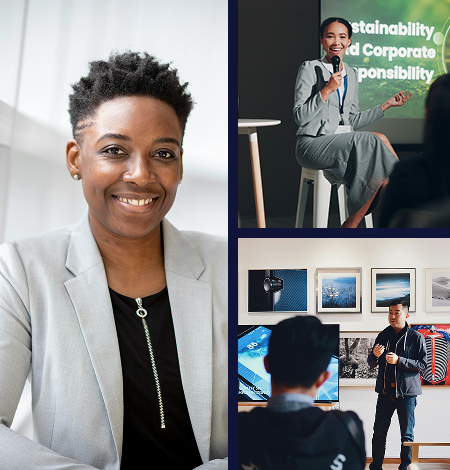 Photo grid showing young professionals in various settings